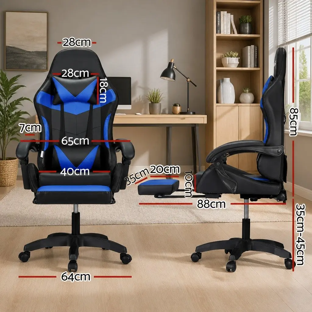 Blue Ergonomic Massage Gaming Office Chair with LED Footrest