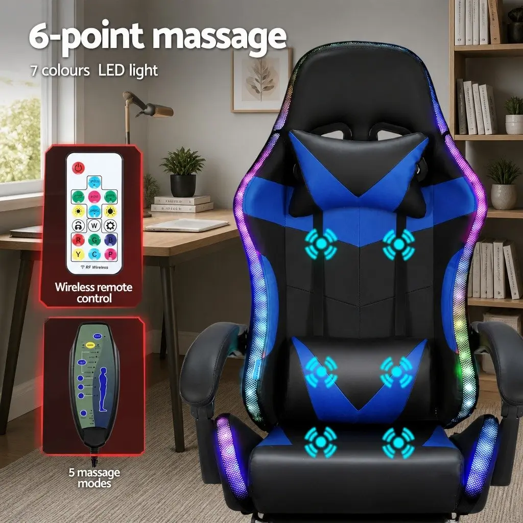Blue Ergonomic Massage Gaming Office Chair with LED Footrest