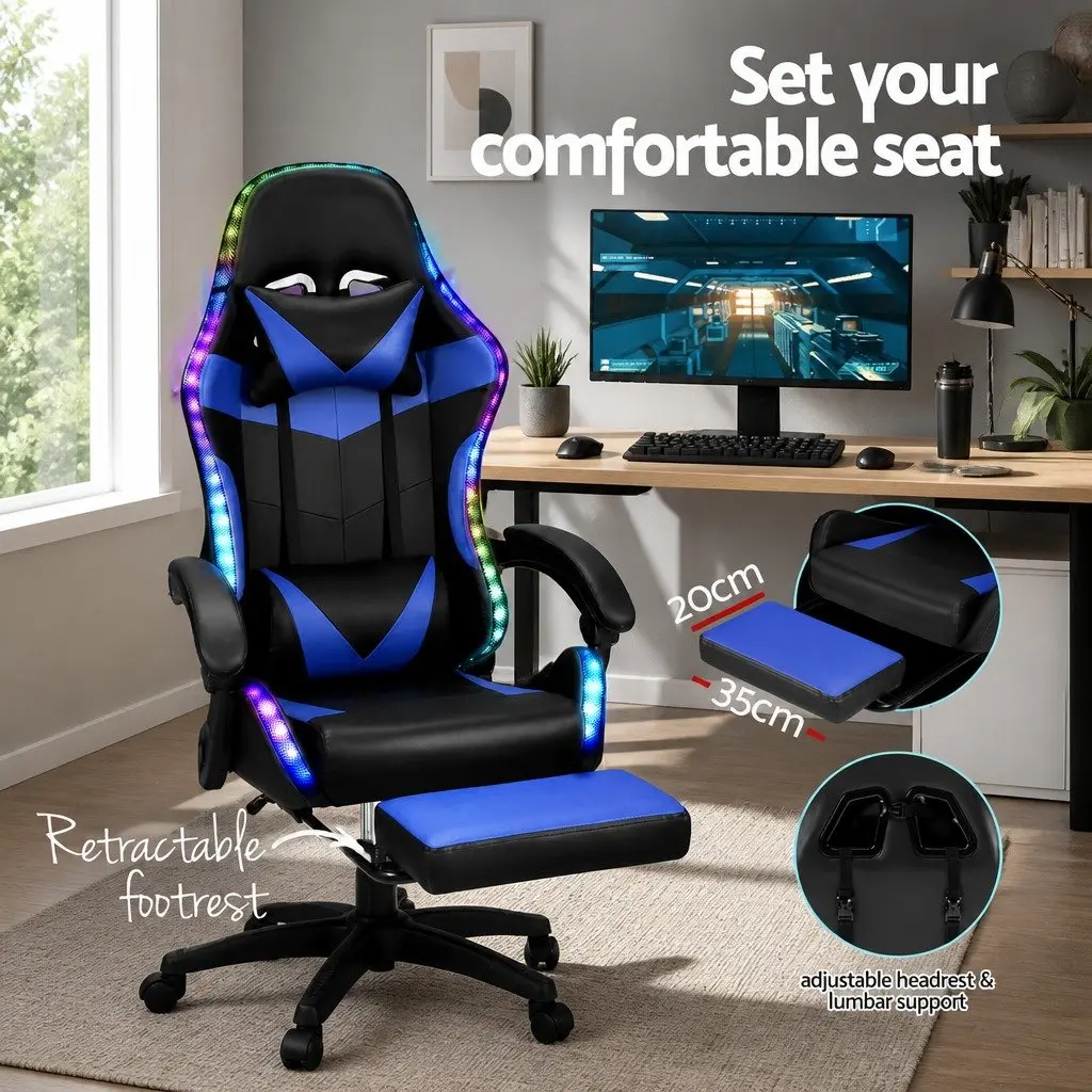 Blue Ergonomic Massage Gaming Office Chair with LED Footrest