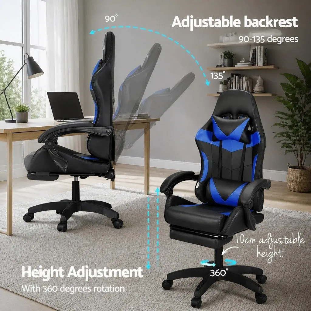 Blue Ergonomic Massage Gaming Office Chair with LED Footrest
