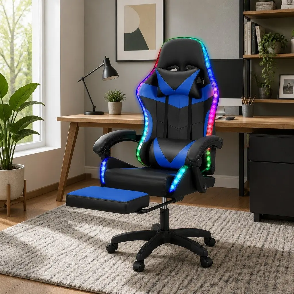 Blue Ergonomic Massage Gaming Office Chair with LED Footrest