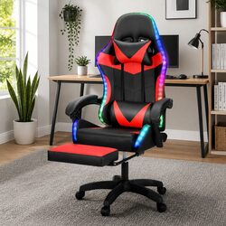Ergonomic Massage Gaming Chair with LED Footrest