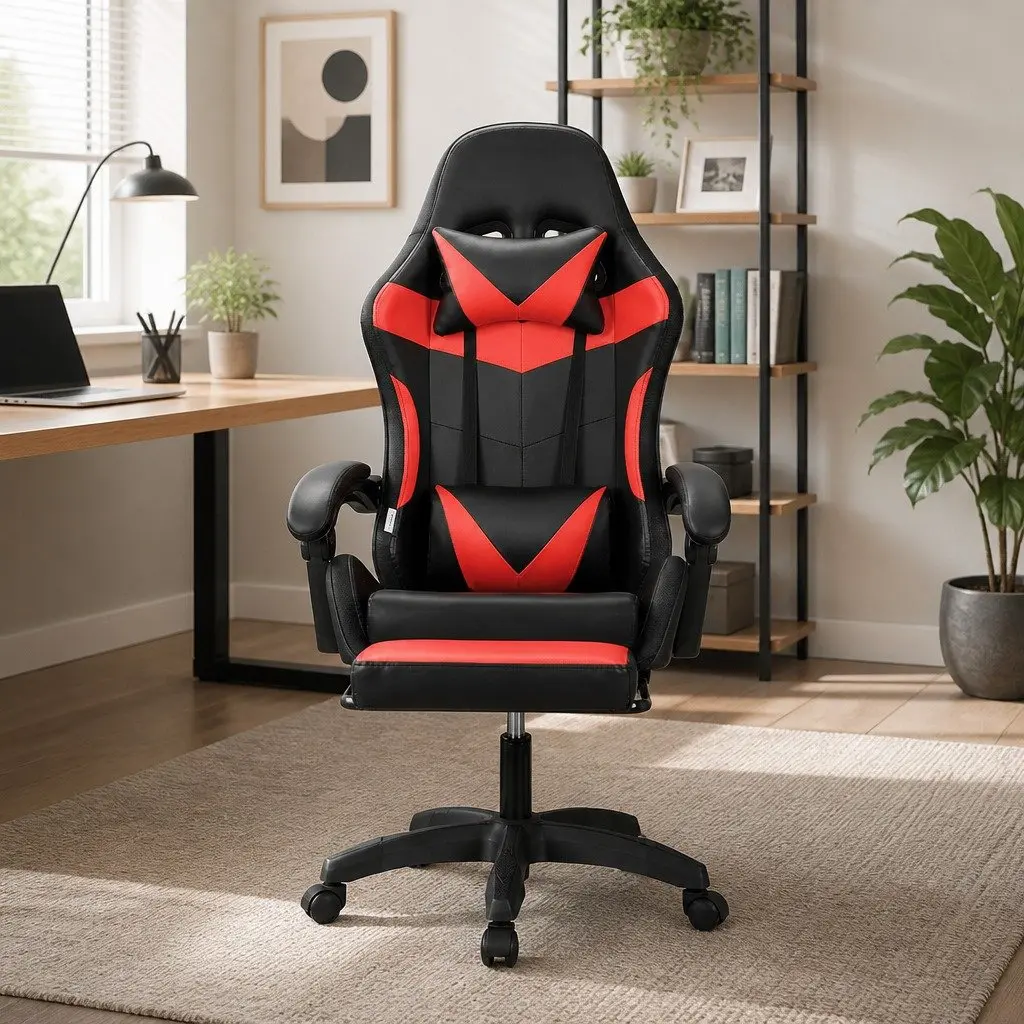 Massage Gaming Office Chair 6 Point Vibration 7 LED Footrest Red Black