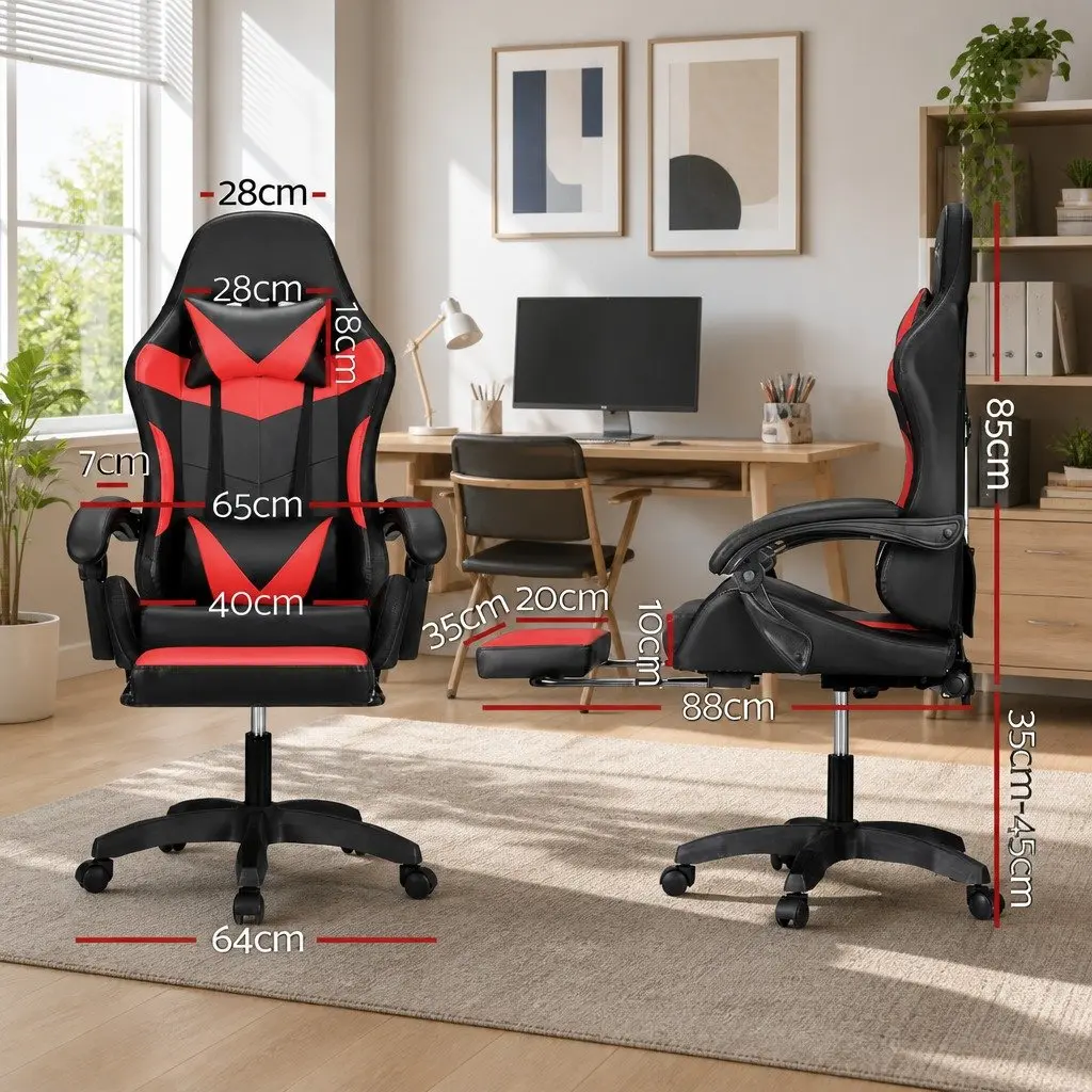 Massage Gaming Office Chair 6 Point Vibration 7 LED Footrest Red Black