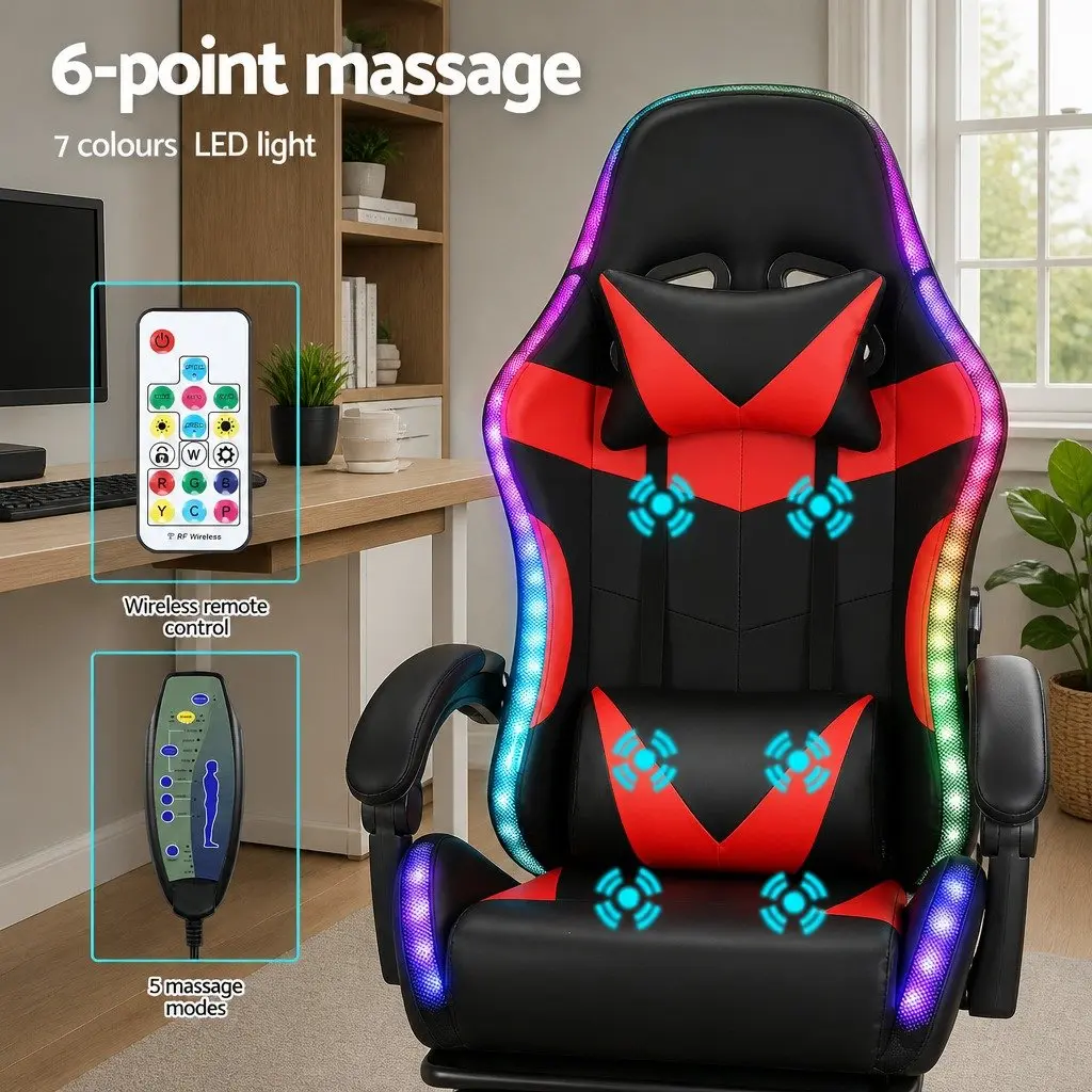 Massage Gaming Office Chair 6 Point Vibration 7 LED Footrest Red Black