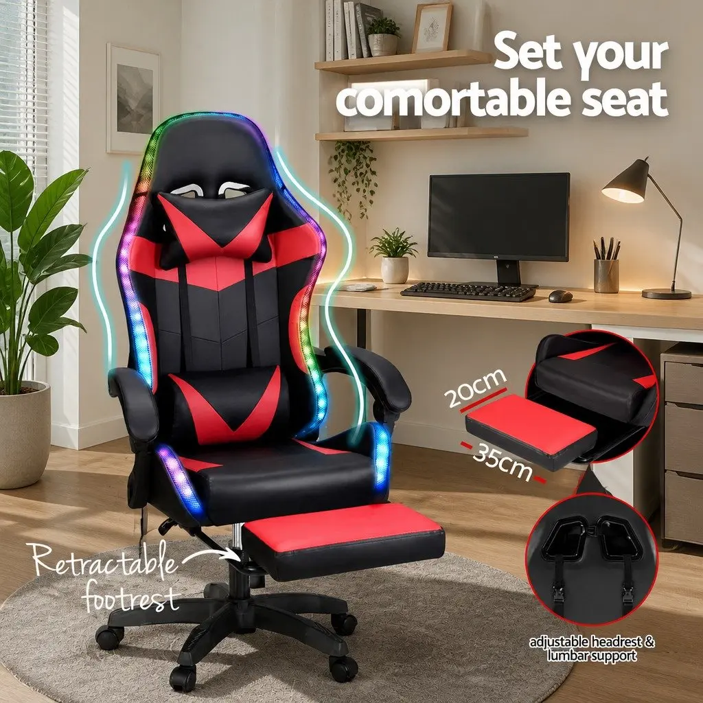 Massage Gaming Office Chair 6 Point Vibration 7 LED Footrest Red Black