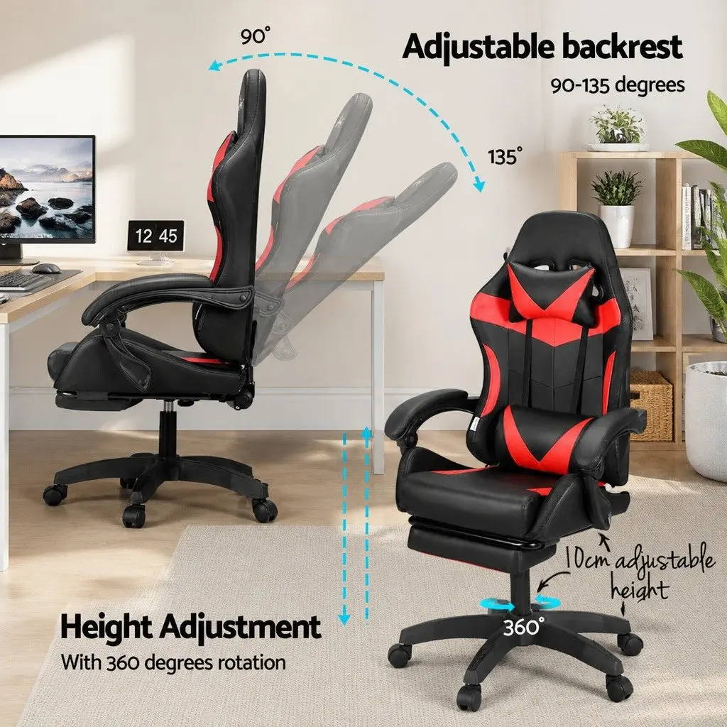 Massage Gaming Office Chair 6 Point Vibration 7 LED Footrest Red Black