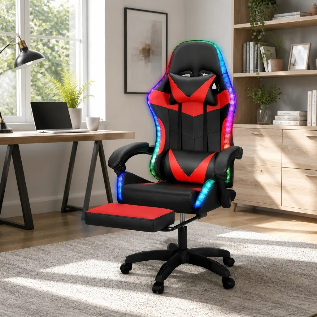 Massage Gaming Office Chair 6 Point Vibration 7 LED Footrest Red Black