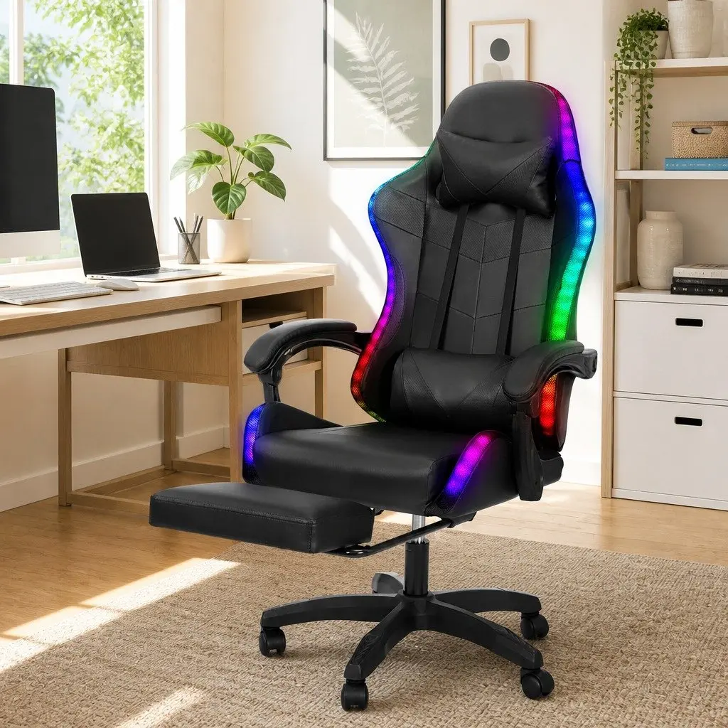 Massage Gaming Office Chair Black PU Leather 6 Point Vibration 7 LED Footrest Recliner