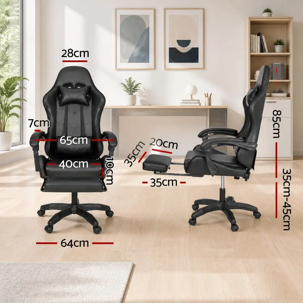 Massage Gaming Office Chair Black PU Leather 6 Point Vibration 7 LED Footrest Recliner