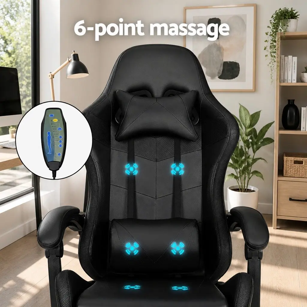 Massage Gaming Office Chair Black PU Leather 6 Point Vibration 7 LED Footrest Recliner