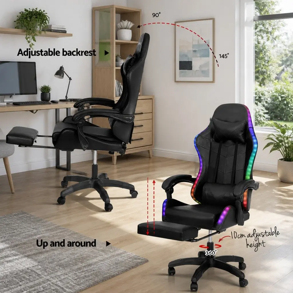 Massage Gaming Office Chair Black PU Leather 6 Point Vibration 7 LED Footrest Recliner