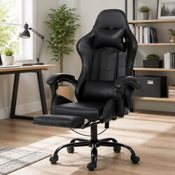 Ergonomic Massage Gaming Chair with Reclining Footrest