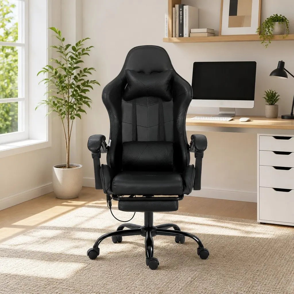 Massage Chair Ergonomic Black 6 Point Vibration Reclining Footrest