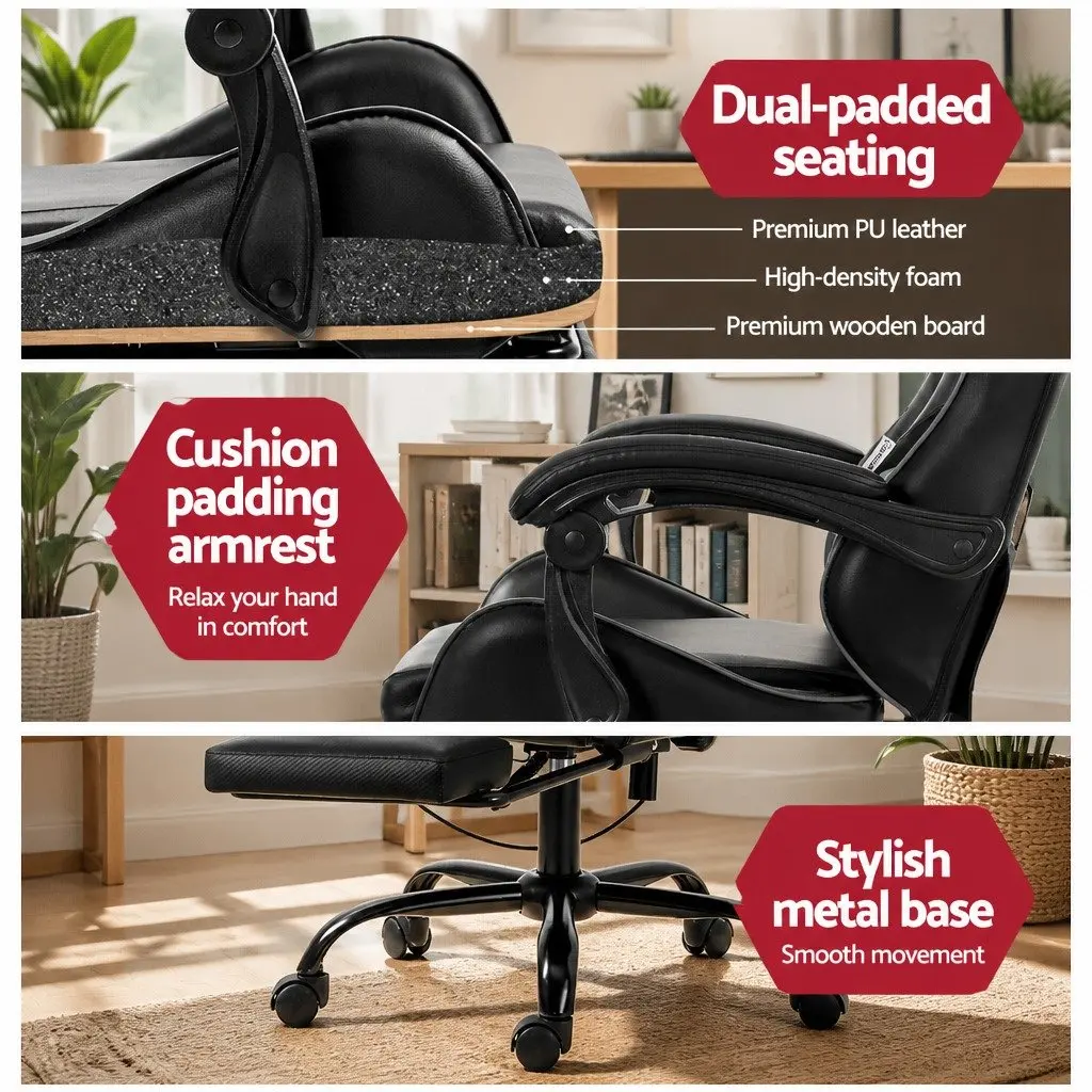 Massage Chair Ergonomic Black 6 Point Vibration Reclining Footrest