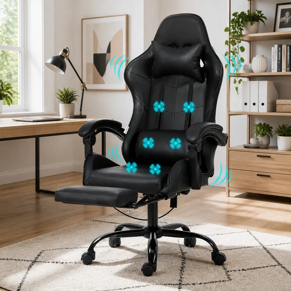 Massage Chair Ergonomic Black 6 Point Vibration Reclining Footrest