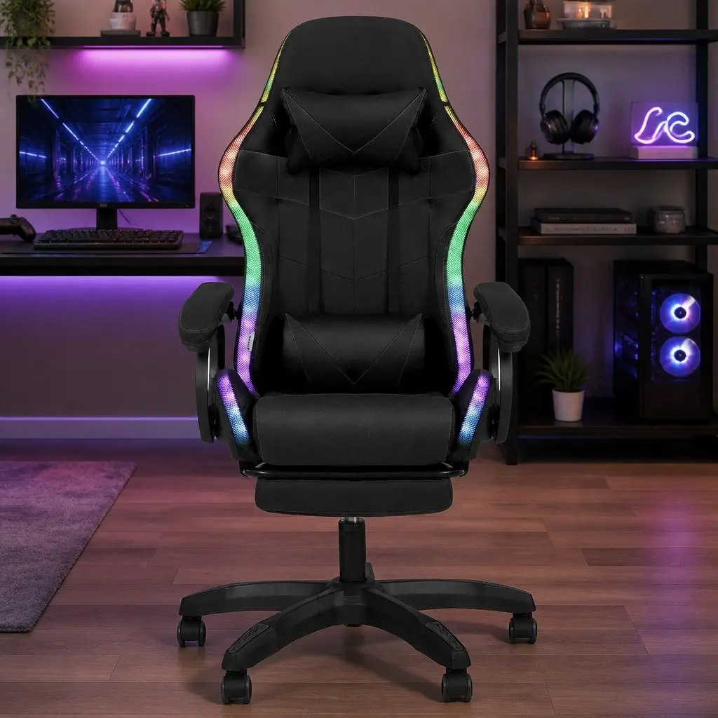 Gaming Office Chair Black with RGB LED Massage Footrest PU Leather 66 x 66 x 117127cm