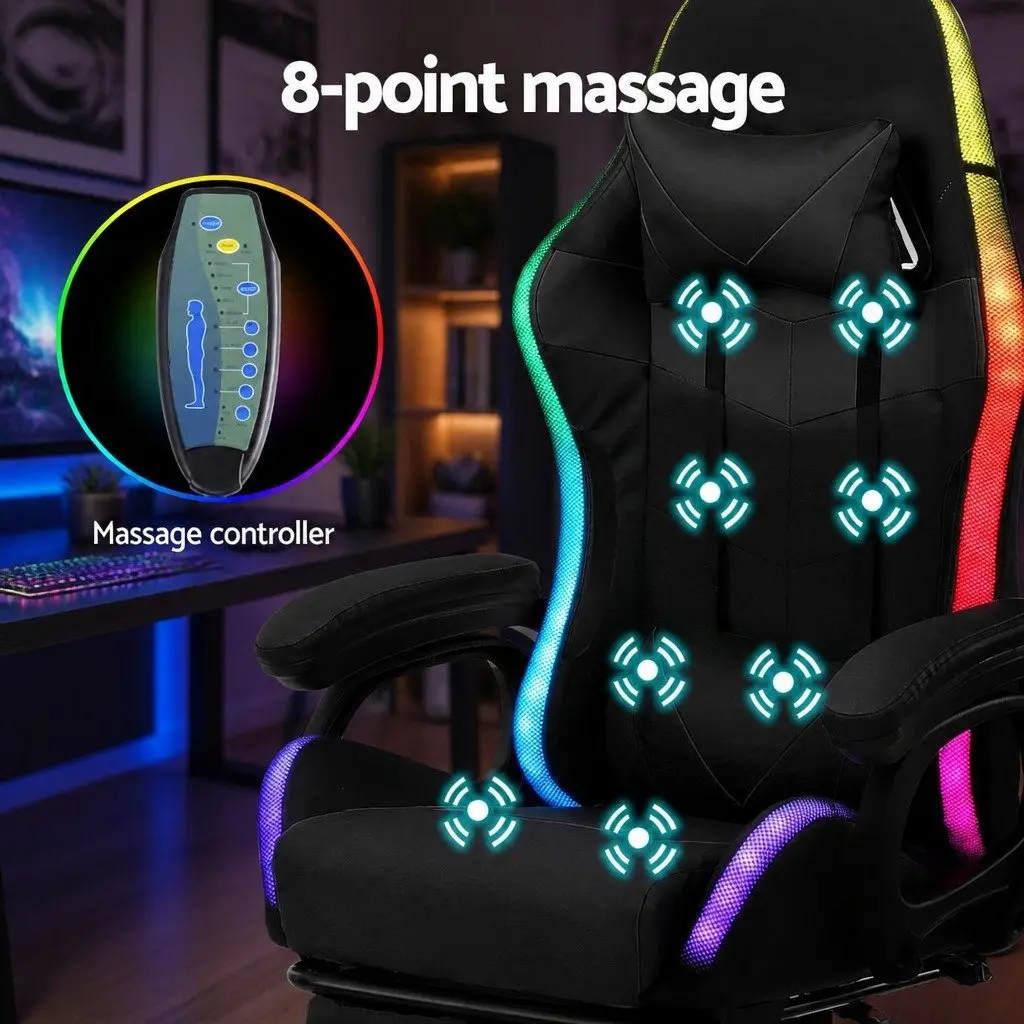 Gaming Office Chair Black with RGB LED Massage Footrest PU Leather 66 x 66 x 117127cm