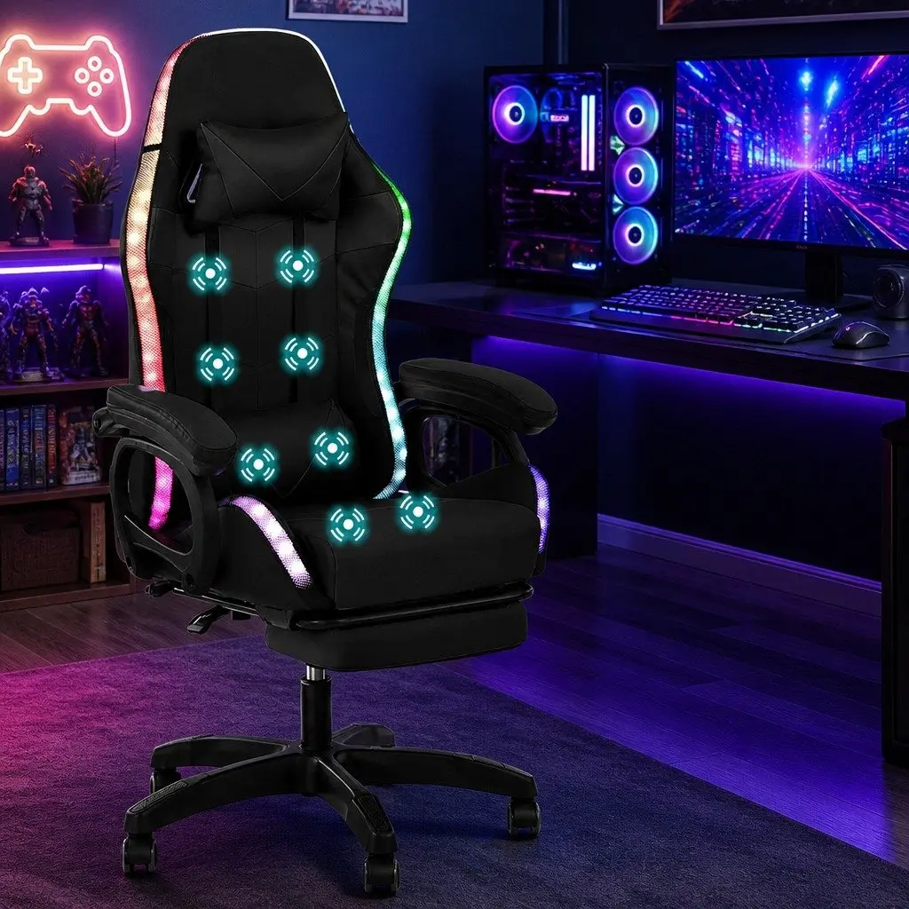 Gaming Office Chair Black with RGB LED Massage Footrest PU Leather 66 x 66 x 117127cm