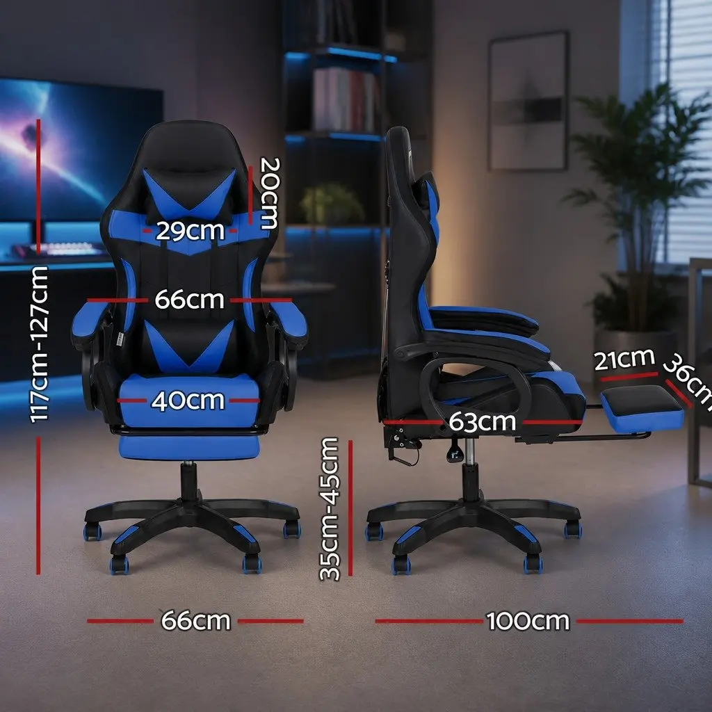 Gaming Office Chair RGB LED Massage Ergonomic Adjustable PU Leather Blue Black