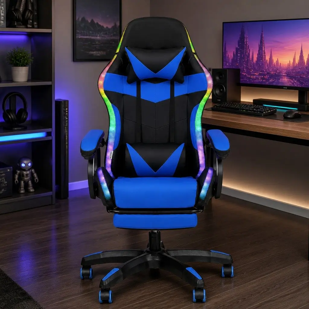 Gaming Office Chair RGB LED Massage Ergonomic Adjustable PU Leather Blue Black