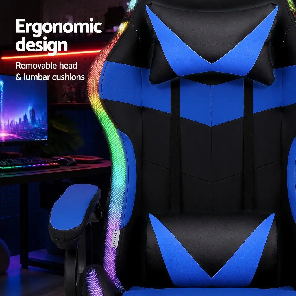 Gaming Office Chair RGB LED Massage Ergonomic Adjustable PU Leather Blue Black