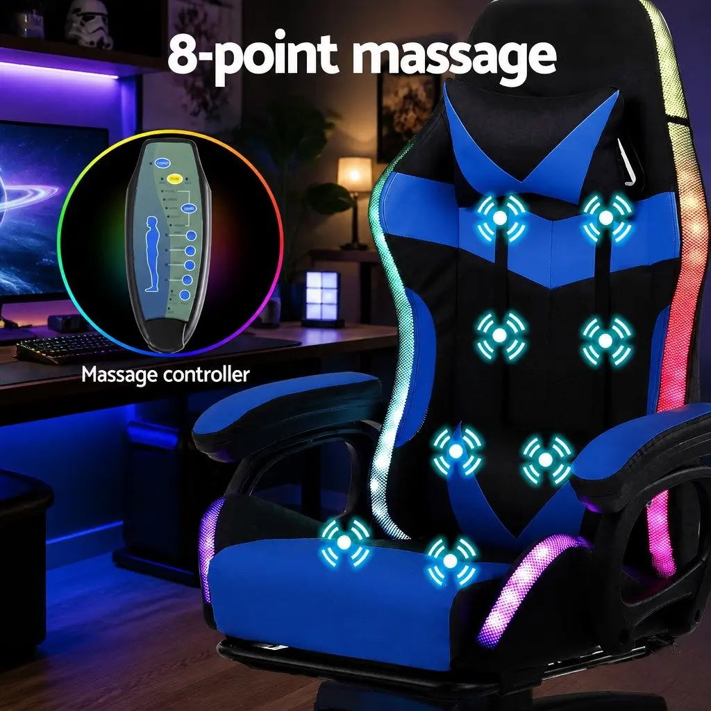 Gaming Office Chair RGB LED Massage Ergonomic Adjustable PU Leather Blue Black