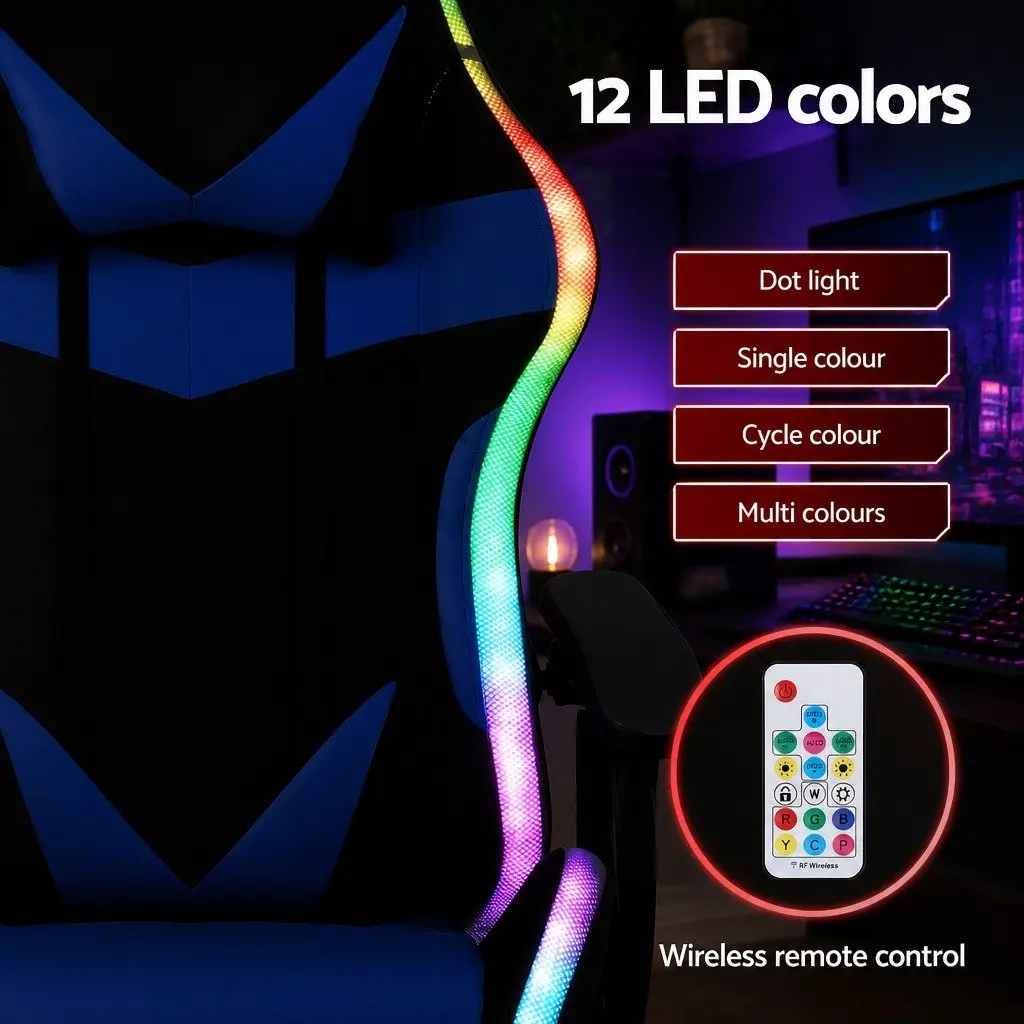 Gaming Office Chair RGB LED Massage Ergonomic Adjustable PU Leather Blue Black