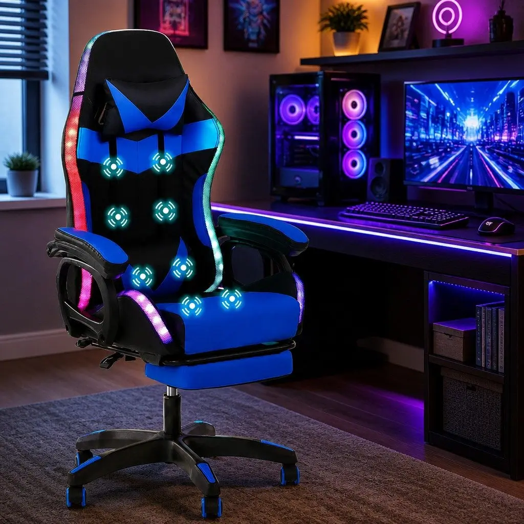 Gaming Office Chair RGB LED Massage Ergonomic Adjustable PU Leather Blue Black
