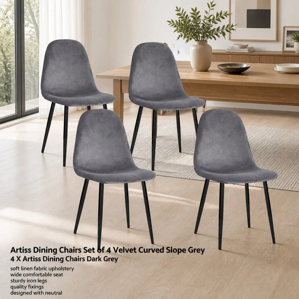 Dining Chairs Dark Grey Velvet Curved Slope Seat Modern 4 Piece