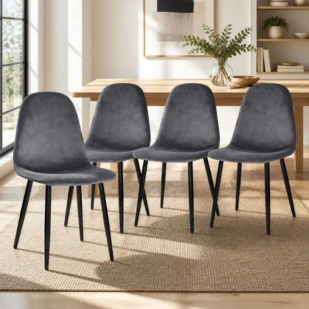 Dining Chairs Dark Grey Velvet Curved Slope Seat Modern 4 Piece