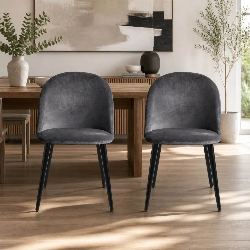Set of 4 Velvet Dining Chairs with Curved Seat and Iron Legs