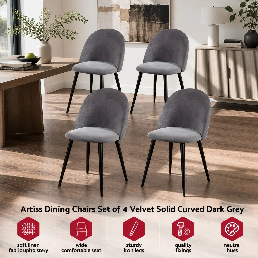 Set of 4 Velvet Dining Chairs with Curved Seat and Iron Legs