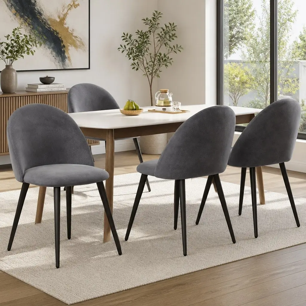 Set of 4 Velvet Dining Chairs with Curved Seat and Iron Legs
