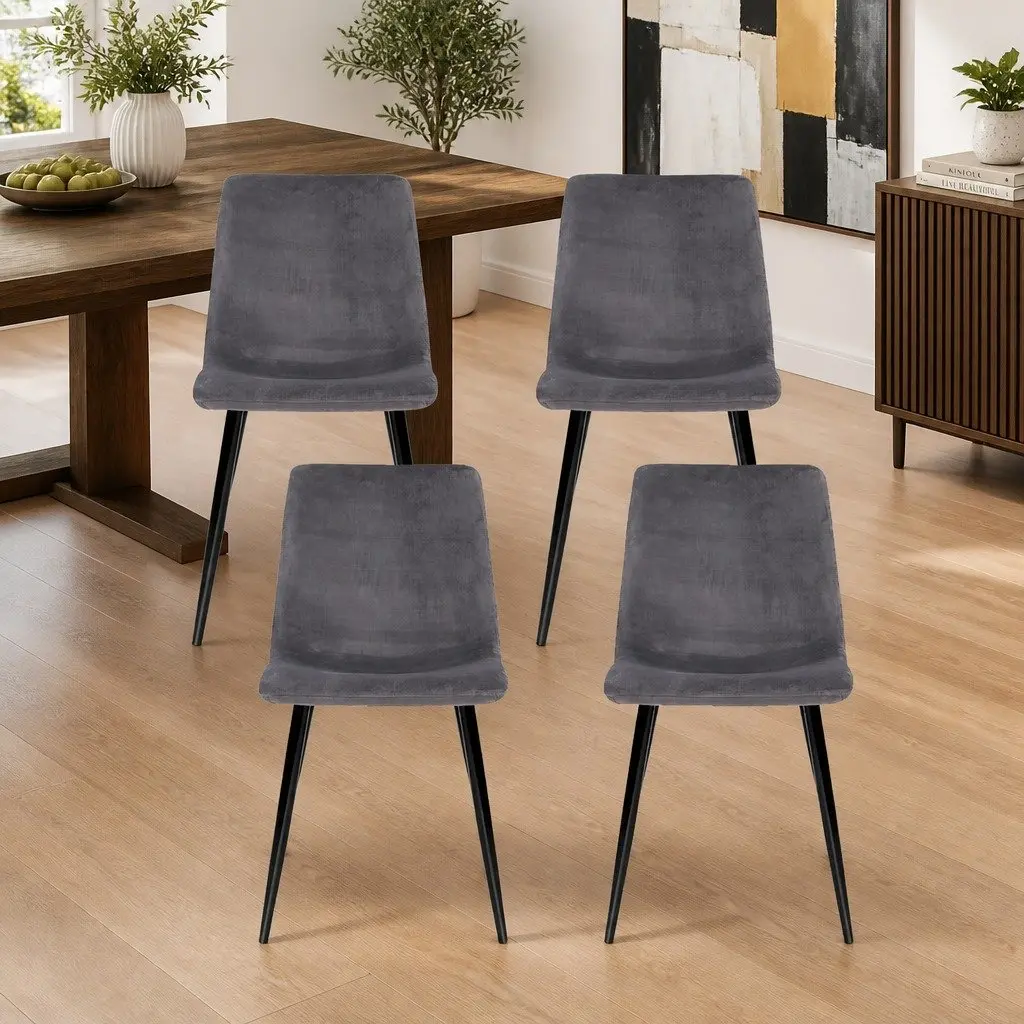 Set of 4 Grey Velvet Dining Chairs with Iron Frame
