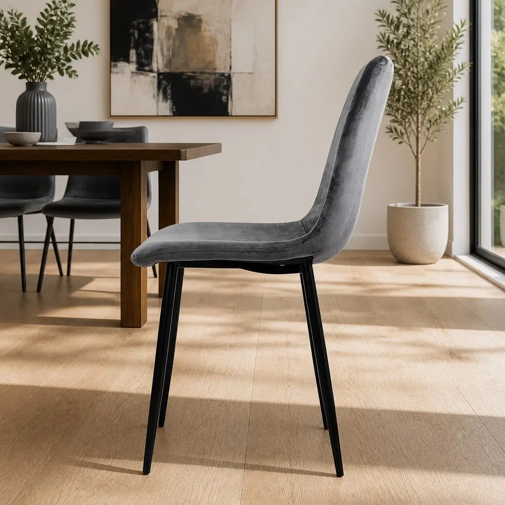 Set of 4 Grey Velvet Dining Chairs with Iron Frame