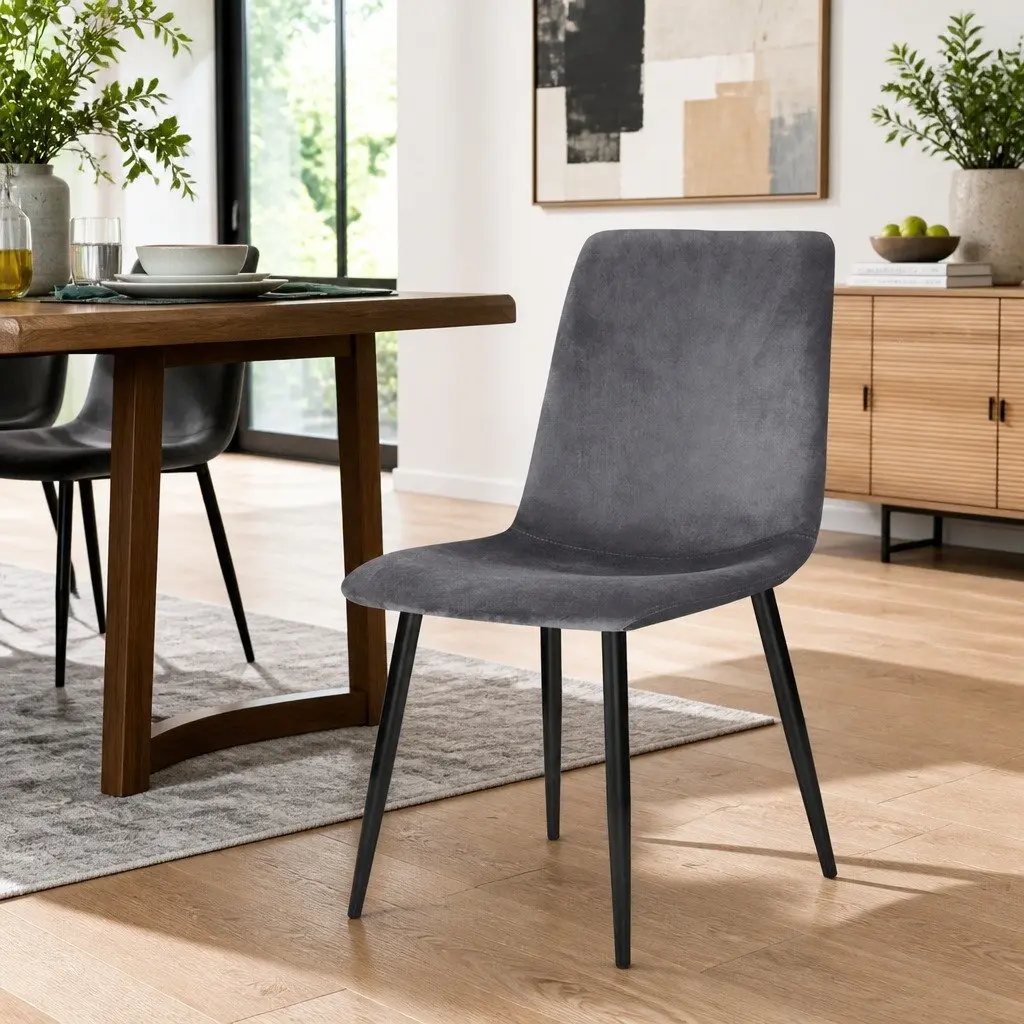 Set of 4 Grey Velvet Dining Chairs with Iron Frame
