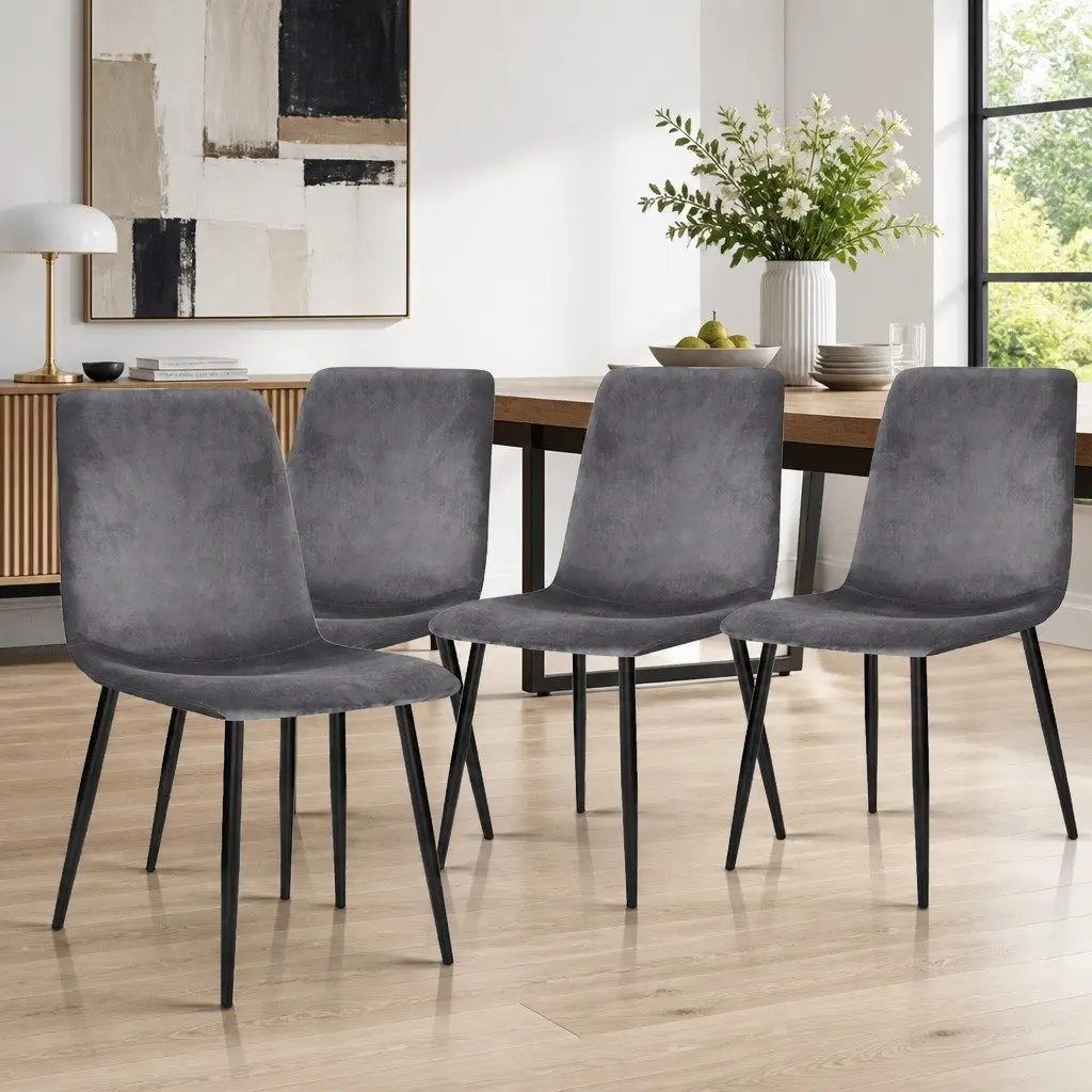 Set of 4 Grey Velvet Dining Chairs with Iron Frame