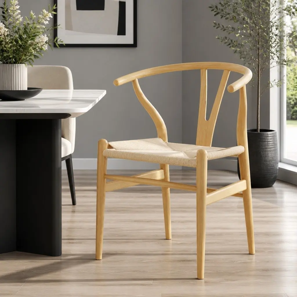 Wooden Frame Rattan Seat Dining Chair with Wishbone Back