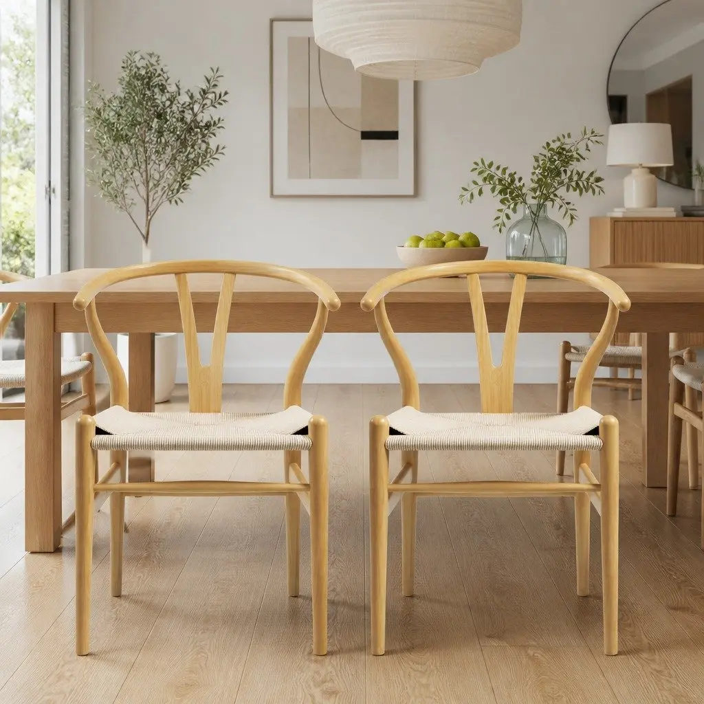Dining Chairs Wishbone Back Oak Rubberwood 2 Piece Set