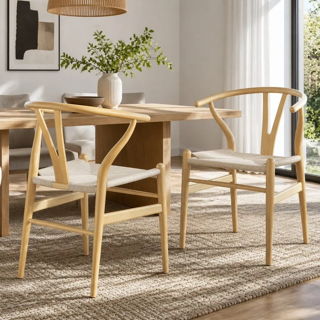 Dining Chairs Wishbone Back Oak Rubberwood 2 Piece Set