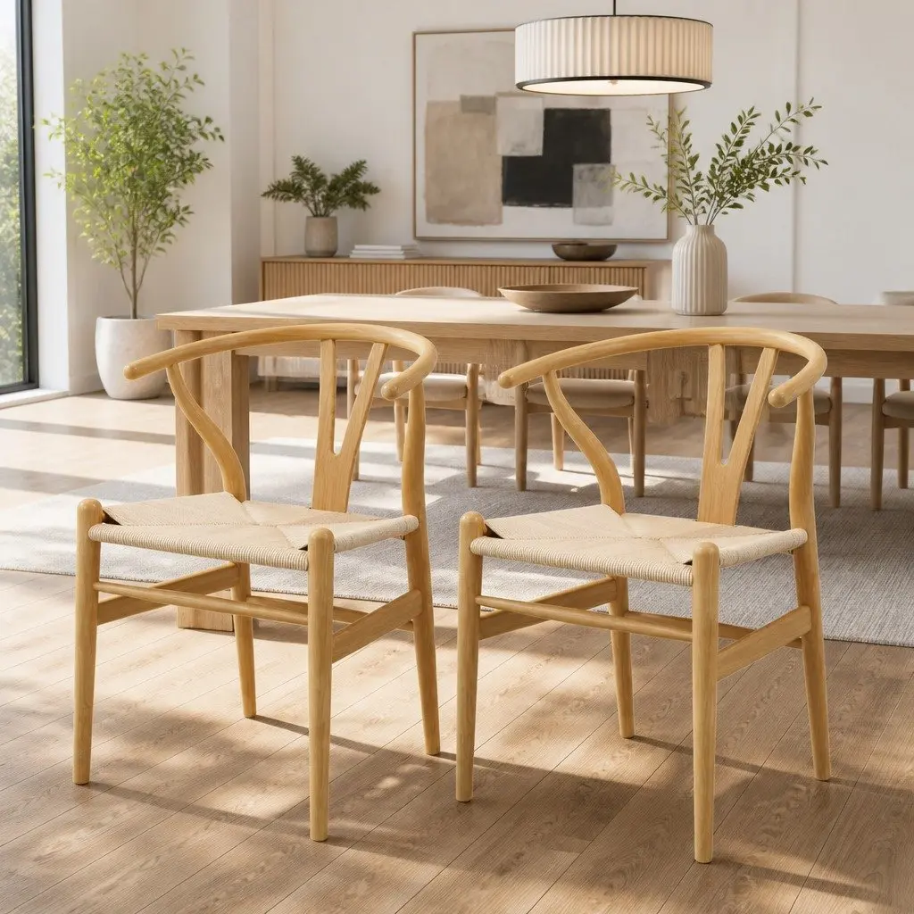 Dining Chairs Wishbone Back Oak Rubberwood 2 Piece Set