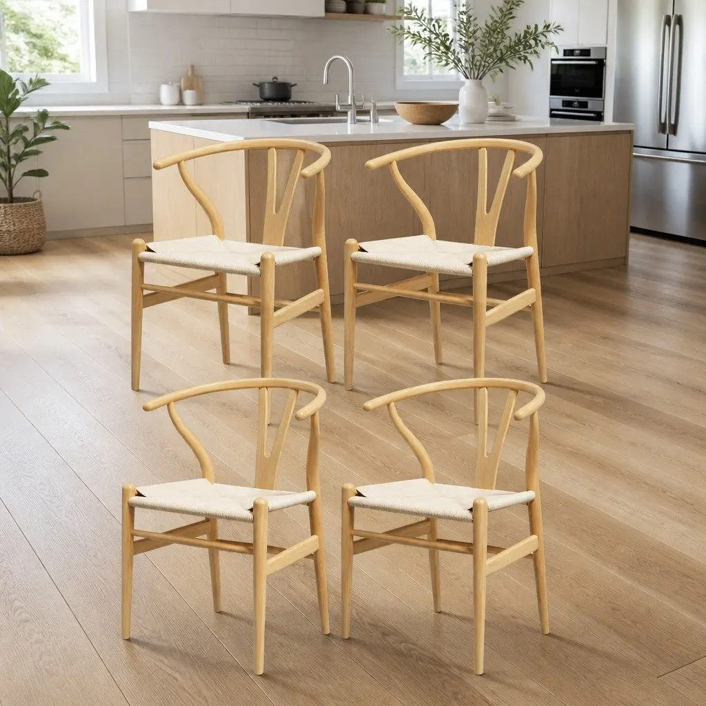 Dining Chairs Wishbone Back Natural Oak Rubberwood Frame Paper Rope Seat Set of 4