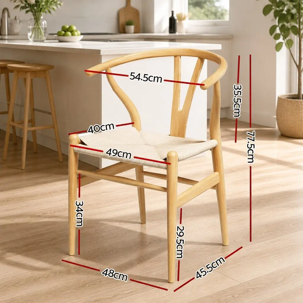 Dining Chairs Wishbone Back Natural Oak Rubberwood Frame Paper Rope Seat Set of 4