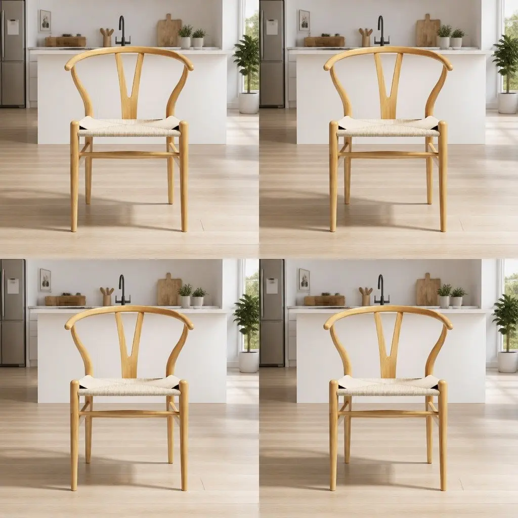 Dining Chairs Wishbone Back Natural Oak Rubberwood Frame Paper Rope Seat Set of 4