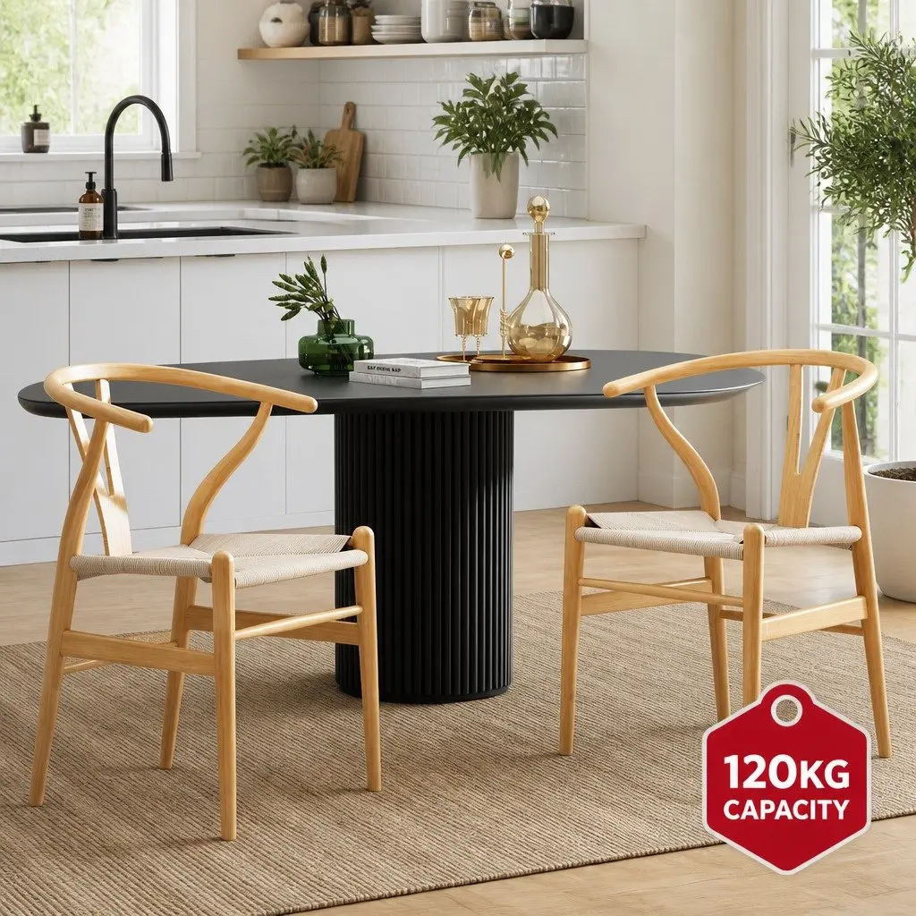 Dining Chairs Wishbone Back Natural Oak Rubberwood Frame Paper Rope Seat Set of 4