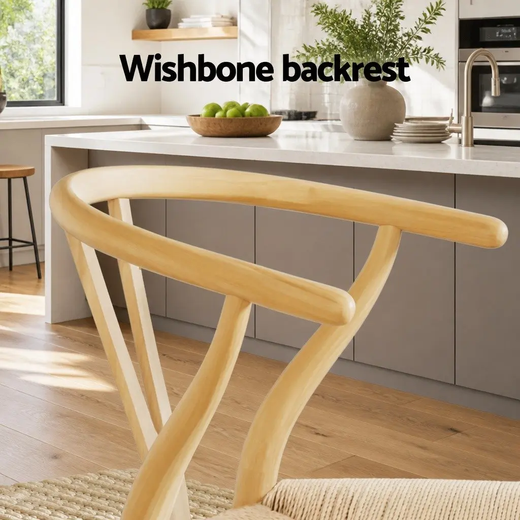 Dining Chairs Wishbone Back Natural Oak Rubberwood Frame Paper Rope Seat Set of 4