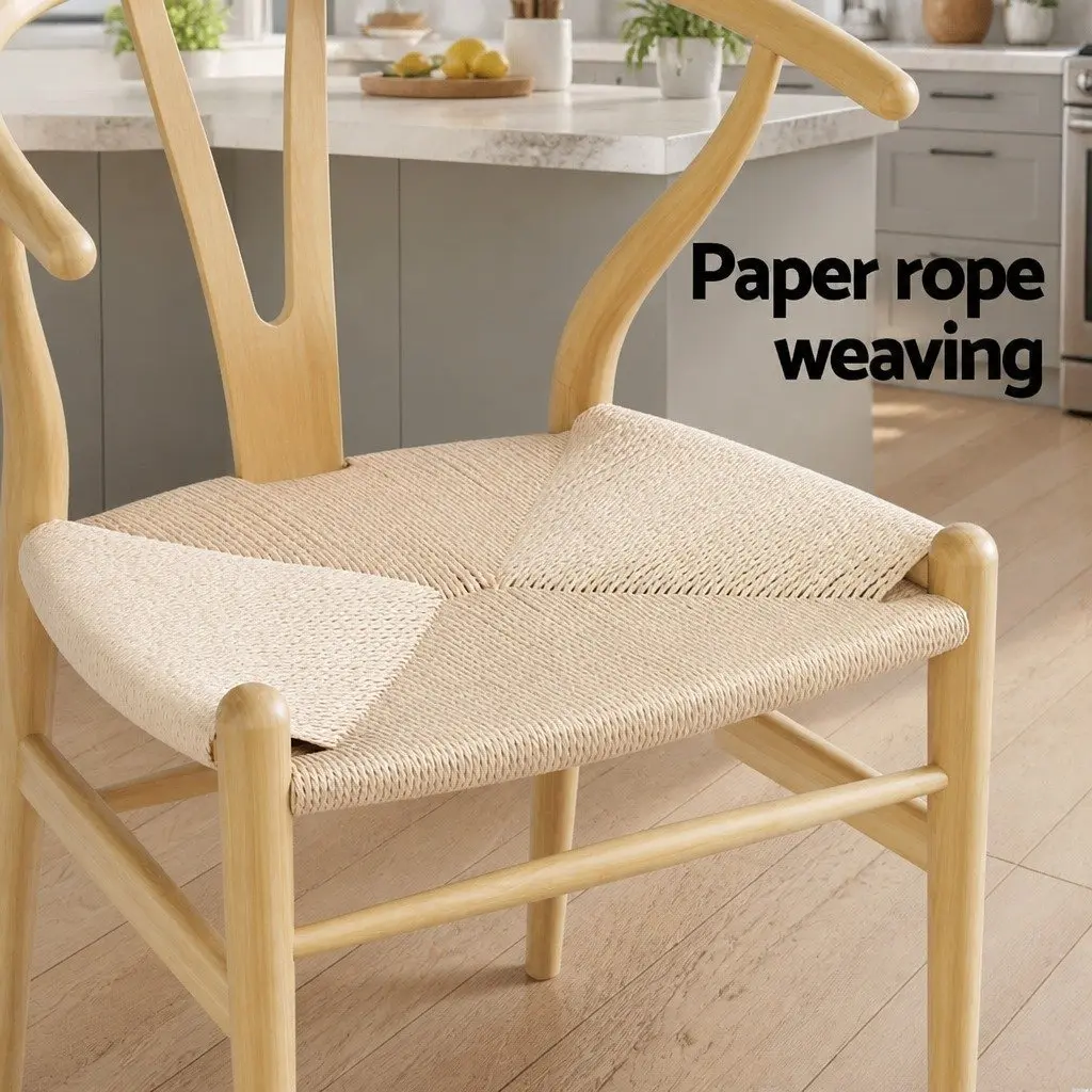 Dining Chairs Wishbone Back Natural Oak Rubberwood Frame Paper Rope Seat Set of 4