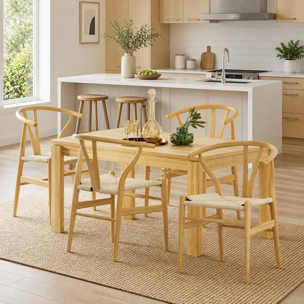 Dining Chairs Wishbone Back Natural Oak Rubberwood Frame Paper Rope Seat Set of 4