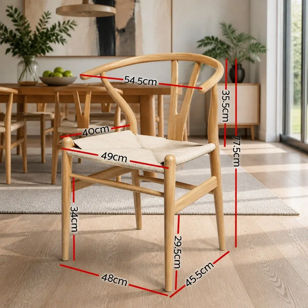 Dining Chairs Set of 6 Wishbone Backrest Natural Oak Rubber Wood Frame Paper Rope Seat
